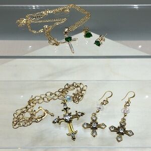 Curated bundle retro style bejeweled cross jewelry set necklace and earrings